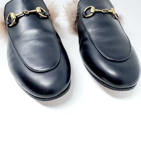 GUCCI Princetown Black Leather Fur Lined Loafer Mule with Bronze Horse Bit 37 - Picture 2 of 8